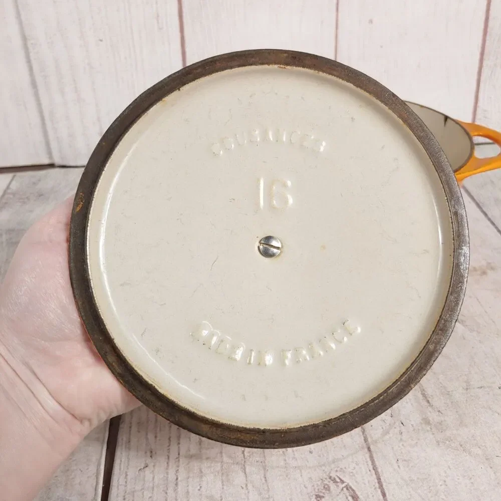 VINTAGE Cousances #16 ENAMELED Cast Iron Sauce Pan - Pot Orange w/ Lid - France
